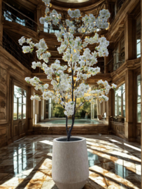Kunst bloesemboom wit in Harrith pot beige (medium)