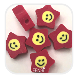 Polymeer kralen - smiley ster donkerrood - 5 stuks