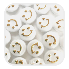 Acryl kralen - smiley faces - wit/goud 10mm - 5 stuks