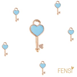 Trendy Bedels Emaille - sleutel hart aquablauw - 10 stuks