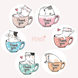 Stickers 25mm - cats in cups - per 6 stuks