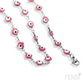 Stainless steel ketting evil eye - roze/zilver - 1 stuk