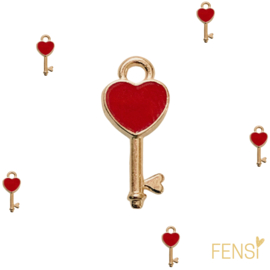 Trendy Bedels Emaille - sleutel hart rood - 10 stuks