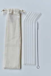 Set van 6 glazen rietjes krom 23 cm + 1 reinigingsborstel
