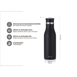 Moulo thermo drinkfles mat zwart met slotdeksel, 500 ml