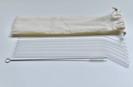 Set van 6 glazen rietjes krom 23 cm + 1 reinigingsborstel