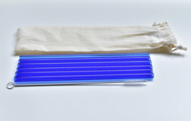 Set 6 blauwe glazen rietjes 20 cm + 1 reinigingsborstel