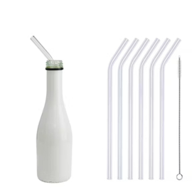 Set van 6 glazen rietjes krom 23 cm + 1 reinigingsborstel