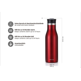 Moulo thermo drinkfles mat rood met slotdeksel, 500 ml
