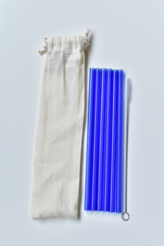 Set 6 blauwe glazen rietjes 20 cm + 1 reinigingsborstel