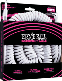Ernie Ball 6045 gekrulde instrumenten kabel 9 m wit 1x haaks, 1x recht jack 6,35 mm