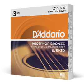 D'Addario EJ15-3D   3 pack Extra Light snaren sets voor akoestische/western gitaar