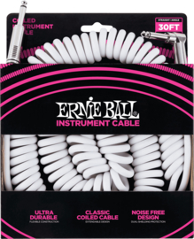 Ernie Ball 6045 gekrulde instrumenten kabel 9 m wit 1x haaks, 1x recht jack 6,35 mm