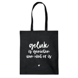 Black cotton tote bag with text 'Geluk is genieten van wat er is'