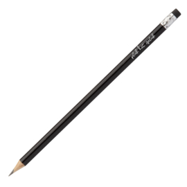 Zwart potlood met tekst 'Pluk het geluk'