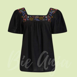 Carmen Top - Black, Flamingo Doodle Embroidery