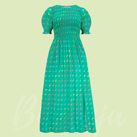 Rosita Midi Shirred Dress - Green undulting waves