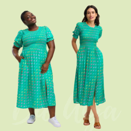 Rosita Midi Shirred Dress - Green undulting waves