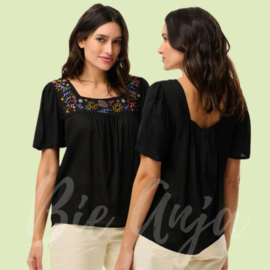 Carmen Top - Black, Flamingo Doodle Embroidery