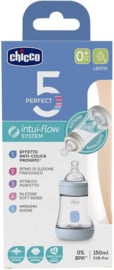 Chicco Perfect 5 anti-koliek flesjes met zuignap van siliconen voor 0+ maanden, biofunctioneel met Intuiflow-systeem, blauw, 150 ml