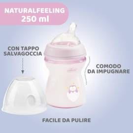 Chicco Natural Feeling Babyfles voor 2 maanden + 250 ml, fles met zuignap van zachte en flexibele siliconen, geschikt voor gemengde borstvoeding, middeldichte stroom, roze