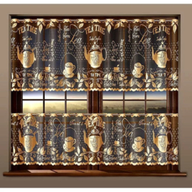 Wisan - Tea - Jacquard vitrage 400 x 90 cm  - Gordijnen - Curtains - Jacquardgordijnen- Kleuring van diepe  aarde met gouden patroon-