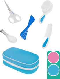 AKUKU babyverzorgingsset voor pasgeboren kinderen roze/blauw 5-delig met nagelschaartje, nagelknipper, borstel, kam en nagelvijl in een klein etui blauw