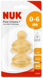 NUK | First Choice + | Anti Colic flesspeen latex |  0-6 maanden |2 stuks | maat : S | moedermelk, water |