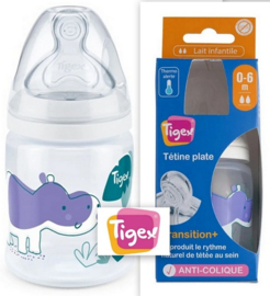 Tigex | Babyfles met temperatuurwaarschuwing, | 0-6 maanden | 150 ml | siliconen fopspeen |  anti-koliek |