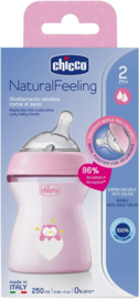 Chicco Natural Feeling Babyfles voor 2 maanden + 250 ml, fles met zuignap van zachte en flexibele siliconen, geschikt voor gemengde borstvoeding, middeldichte stroom, roze
