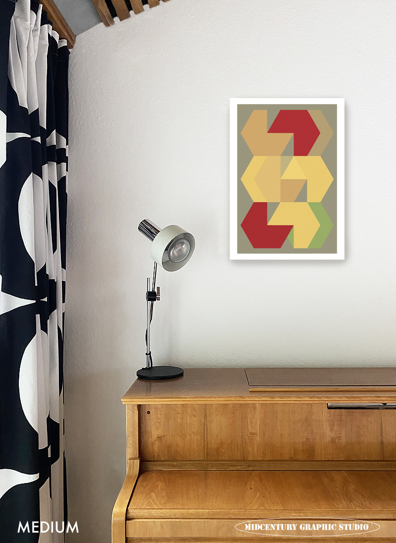 Gallery Naakt, Kunstwerk in retrostijl van MidCentury Graphic Studio op de muur met piano