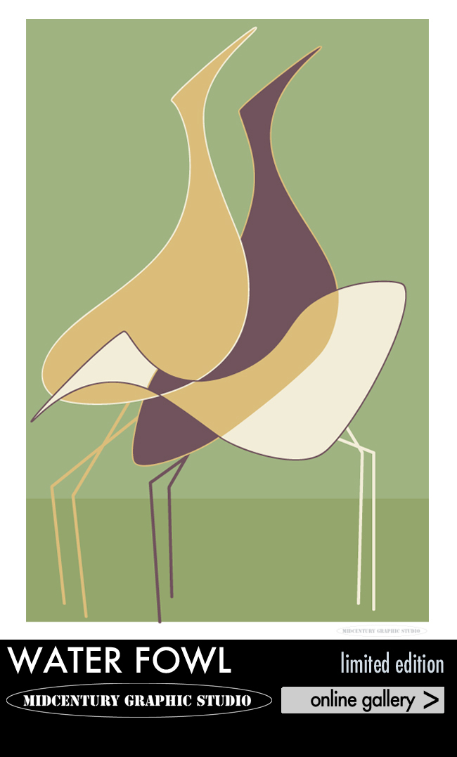 Gallery Naakt, Retrostijl Kunstwerk MidCentury Graphic Studio, Water Fowl (groen)