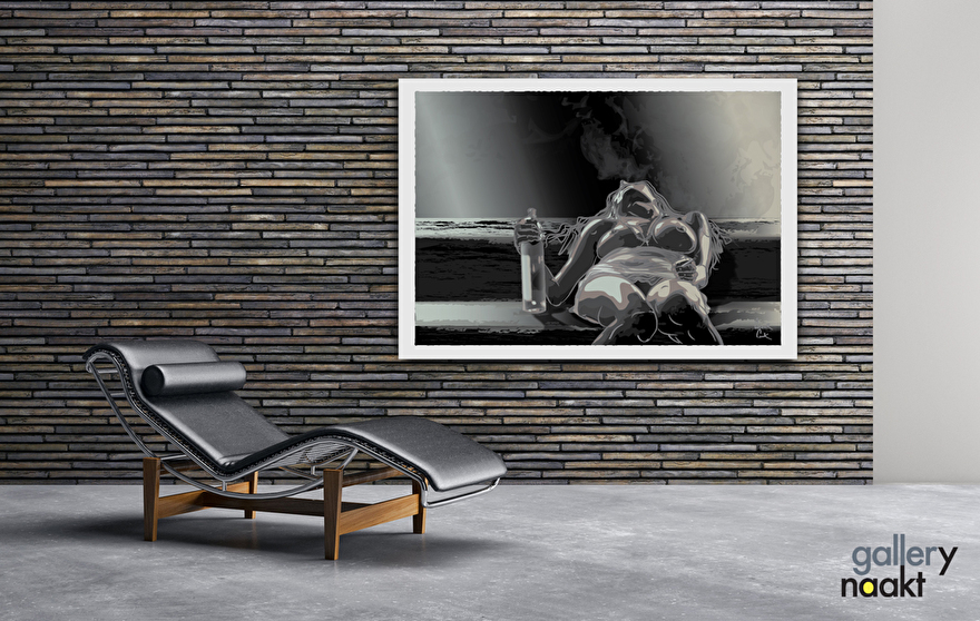 sfeerafbeelding met ligstoel en aan de muur een werk van Caspar Luuk. Digitale schildering als art print op het materiaal Glass-effect.
