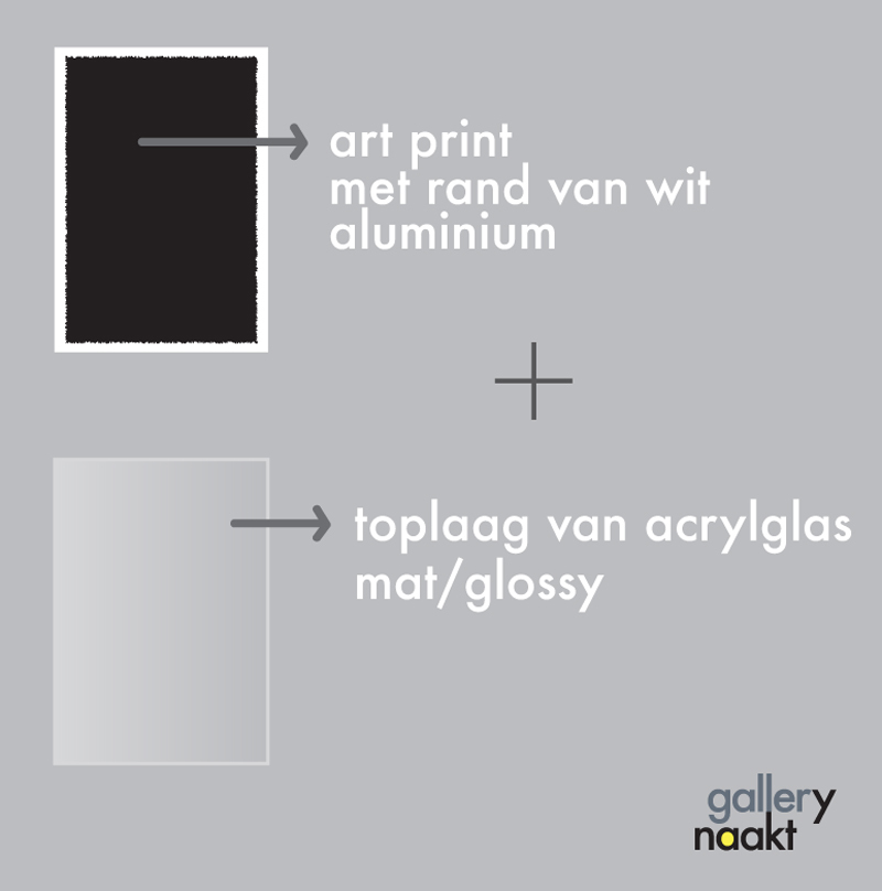 Vooraanzicht wanddecoratie met art print poster met glas-effect (dibond). Kunstwerk in mat of glossy finish met grote afmetingen en gelimiteerde oplage