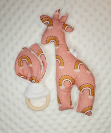 Bijtring knuffeldoek Pink Rainbow badstof wit