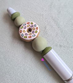 Pen wit  - donut roze en groene kralen