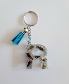 Letter R - Schelpen glitter ♡ aqua blauw kwastje
