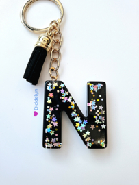 Letter N - Zwart met ster glitters