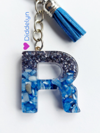 Letter R -  Blauw Stone & grijs glitter