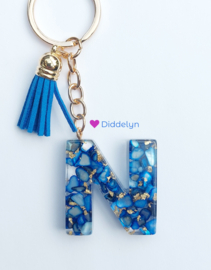 Letter N - Stone blauw met goud flakes ♡ blauw