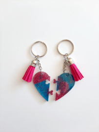 BFF set van 2 sleutelhangers - Blauw/Roze met roze kwastje