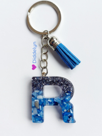 Letter R -  Blauw Stone & grijs glitter