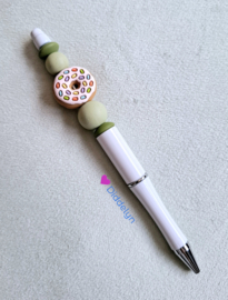 Pen wit  - donut roze en groene kralen