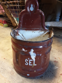 Oude, emaille Sel voorraadpot