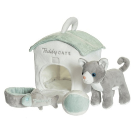 Knuffel poes met hok, vis en waterbak Teddykompaniet Teddy Cats