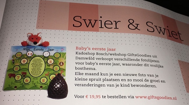 www.giftsgoodies.nl baby fotolijst in tijdschrift Heit & Mem Swier en Swiet