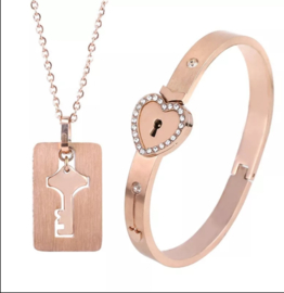 Armband hart/ halsketting set met  sleuteltje K&Q