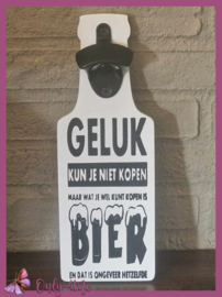 Houten bierfles "Geluk" met opener € 12,99