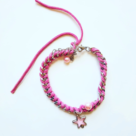 Roze ketting/leer gevlochten armband