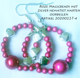 roze magicbeads met zilver hematiet harten oorbellen